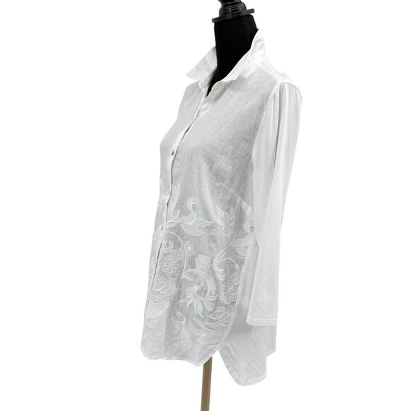 New J. Jill White Floral Embroidered Linen Button Front Long Sleeve Shirt Small - Picture 8 of 10